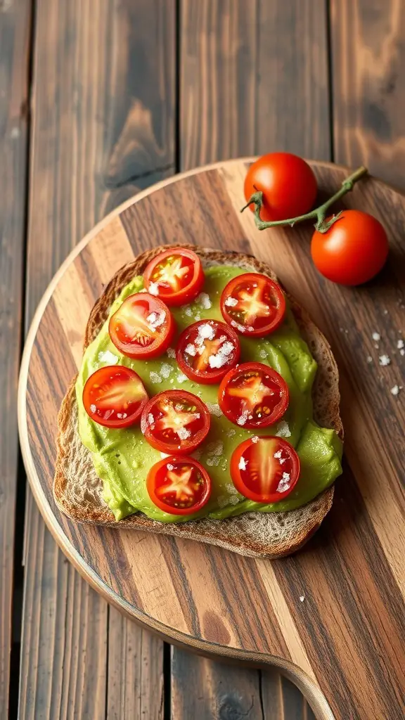 A slice of avocado toast topped with cherry tomatoes on a wooden board