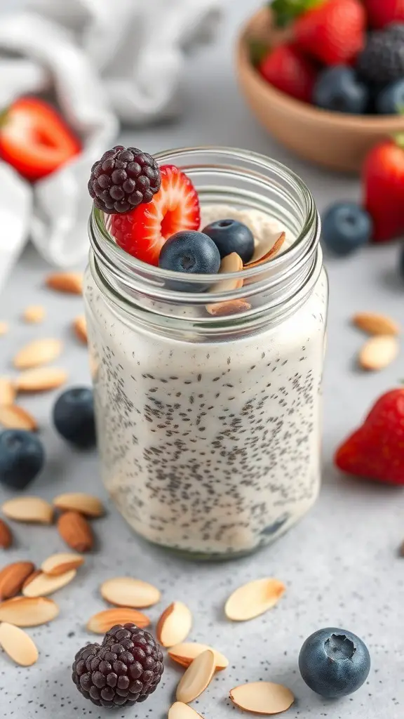 Chia seed pudding in a jar topped with berries and almonds