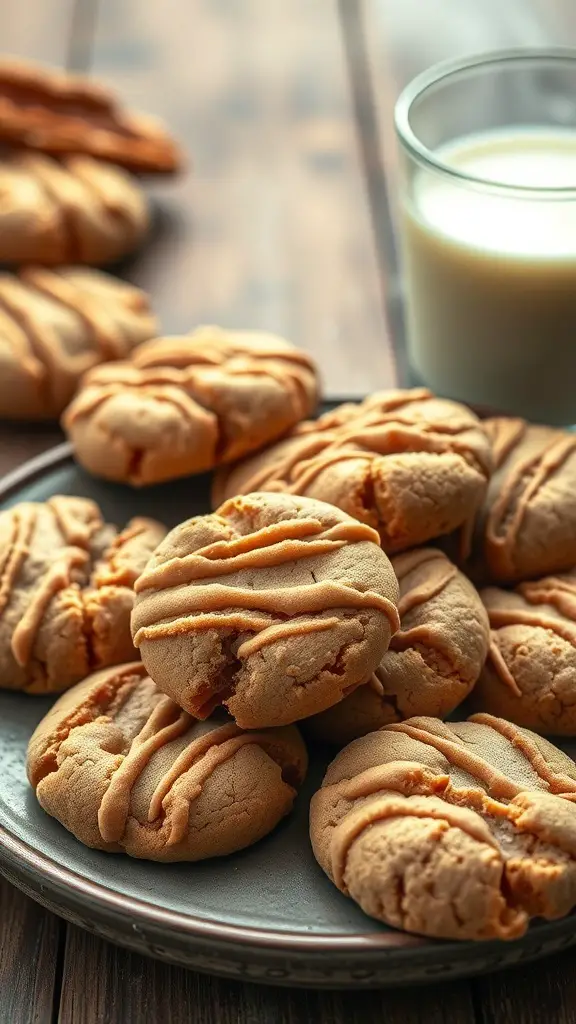 Plate of freshly baked peanut butter cookies with a glass of milk