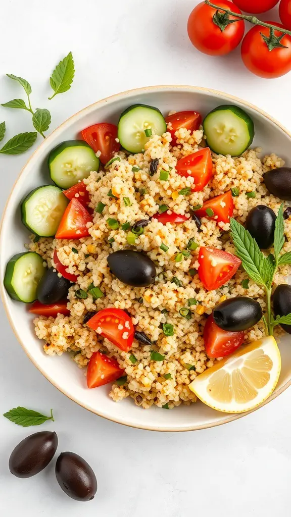 A bowl of Mediterranean Quinoa Salad with tomatoes, cucumbers, olives, and lemon slices.