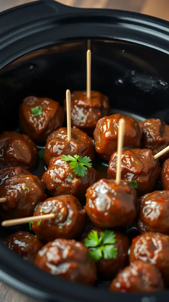A close-up of BBQ meatballs in a slow cooker, garnished with cilantro and skewered with toothpicks.