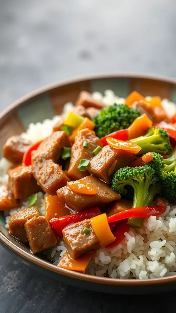A bowl of beef and broccoli stir-fry with colorful bell peppers and rice.