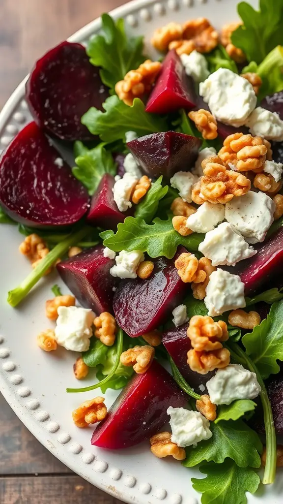 A vibrant salad featuring roasted beets, arugula, walnuts, and goat cheese.