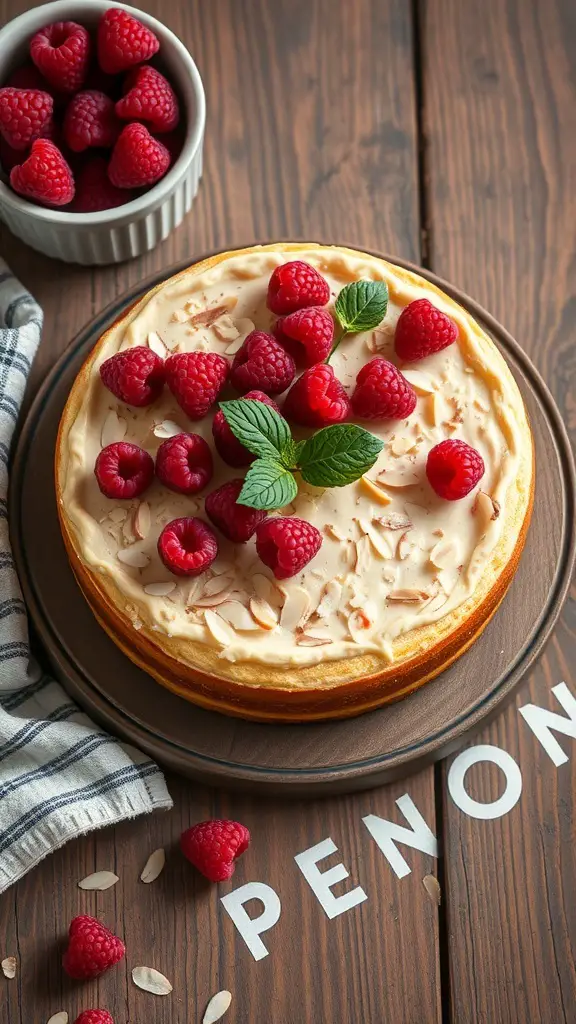 A vegan raspberry almond cake topped with fresh raspberries and mint leaves, sitting on a wooden table.