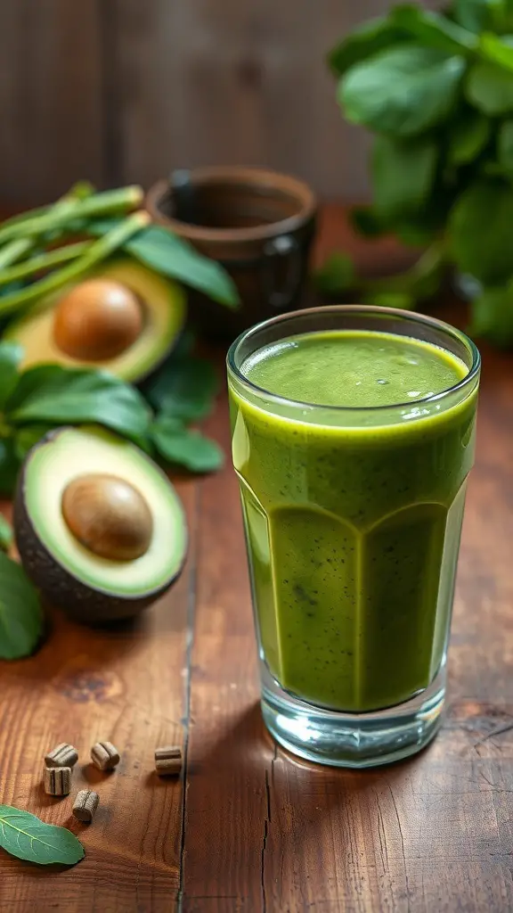 A glass of green smoothie made with spinach and avocado, surrounded by fresh ingredients.