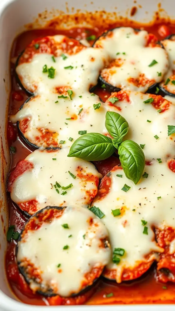 A delicious Eggplant Parmesan Bake with layers of eggplant, marinara sauce, and melted cheese, garnished with fresh basil.