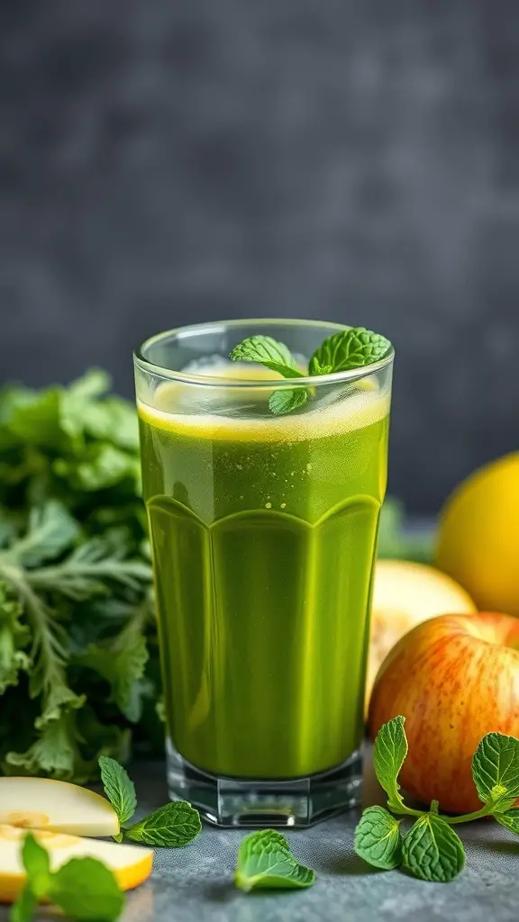 A glass of refreshing green detox juice with mint leaves, surrounded by kale, apples, and lemon.
