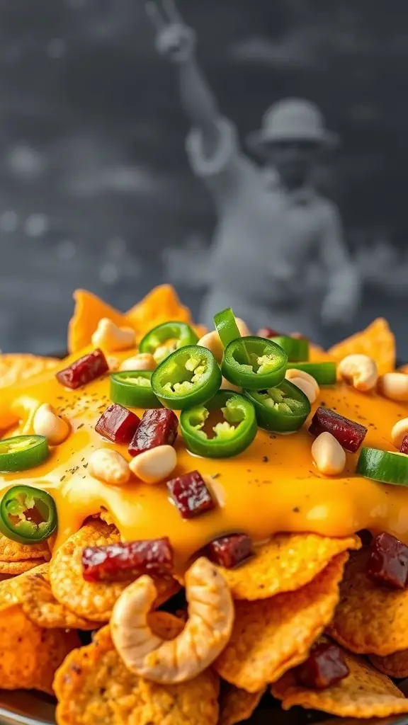 A colorful plate of vegan nachos topped with cashew cheese, jalapeños, and nuts, with a blurred figure in the background.