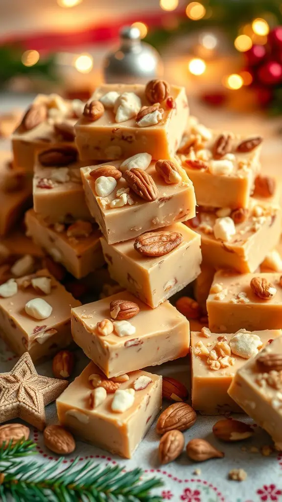 A stack of homemade fudge squares topped with nuts, set against a festive background.