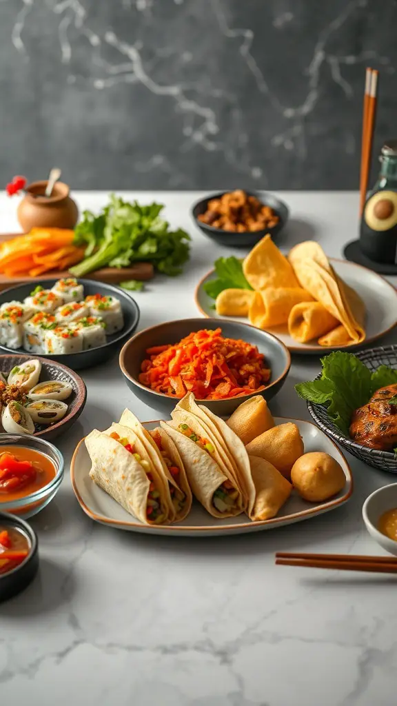 A variety of international dishes including sushi, kimchi, spring rolls, tacos, and desserts on a table.