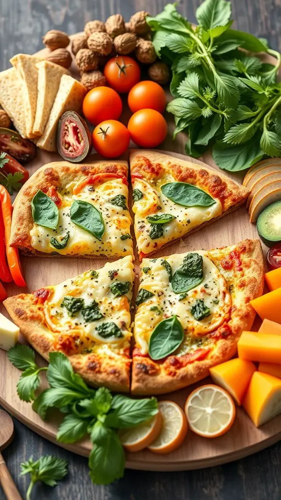 A colorful array of pesto veggie pizza slices surrounded by fresh vegetables, nuts, and lemon slices on a wooden board.