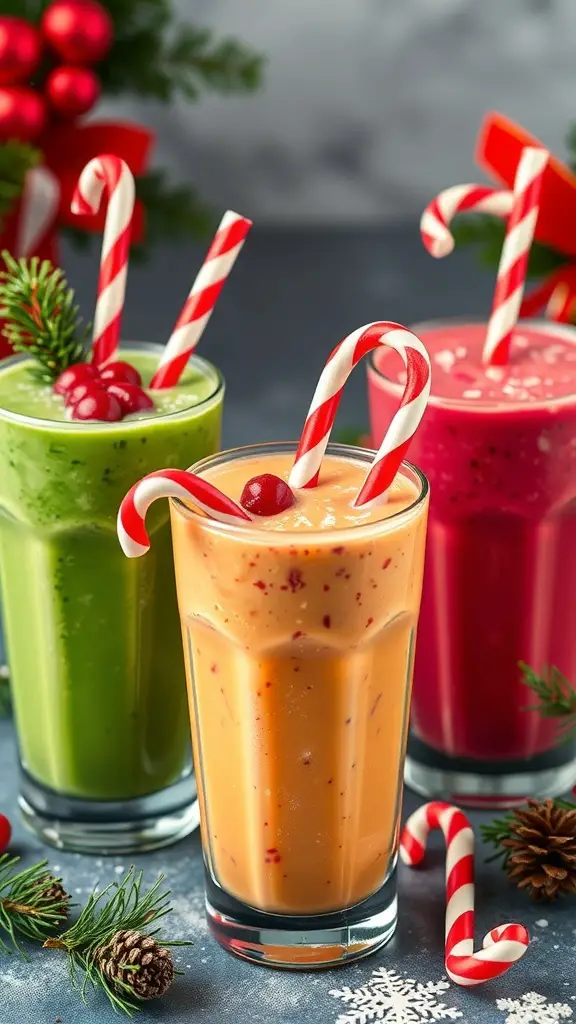 Three colorful smoothies in festive cups with candy canes and cherries