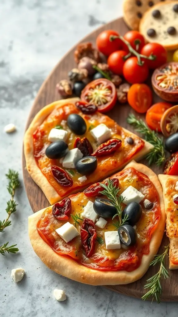 A Mediterranean-inspired pizza charcuterie board featuring mini pizzas topped with olives, sun-dried tomatoes, and feta cheese, alongside fresh cherry tomatoes and herbs.