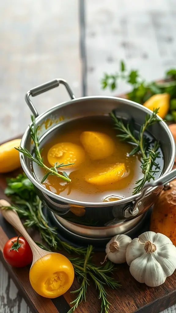 A pot of Mediterranean olive oil fondue with fresh herbs and vegetables
