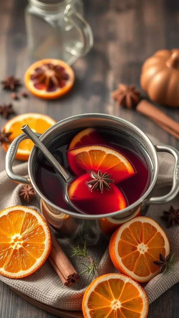 A pot of mulled wine with orange slices and spices on a wooden table