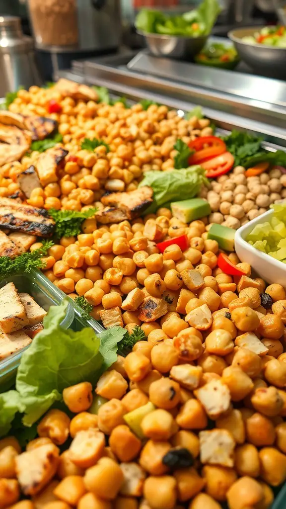 A colorful salad bar with chickpeas, grilled chicken, and fresh vegetables.
