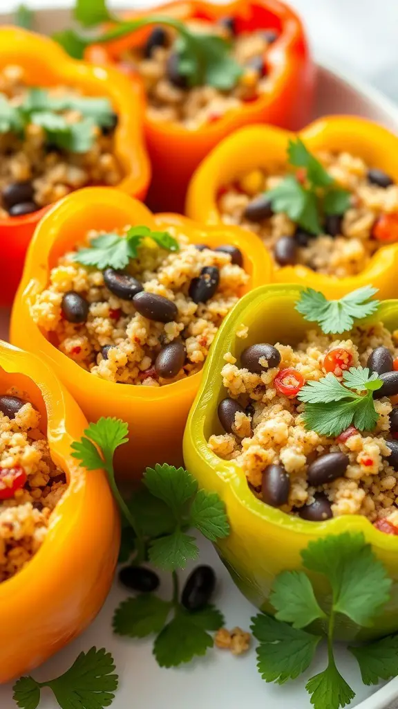 Colorful stuffed bell peppers filled with quinoa and black beans, garnished with cilantro.
