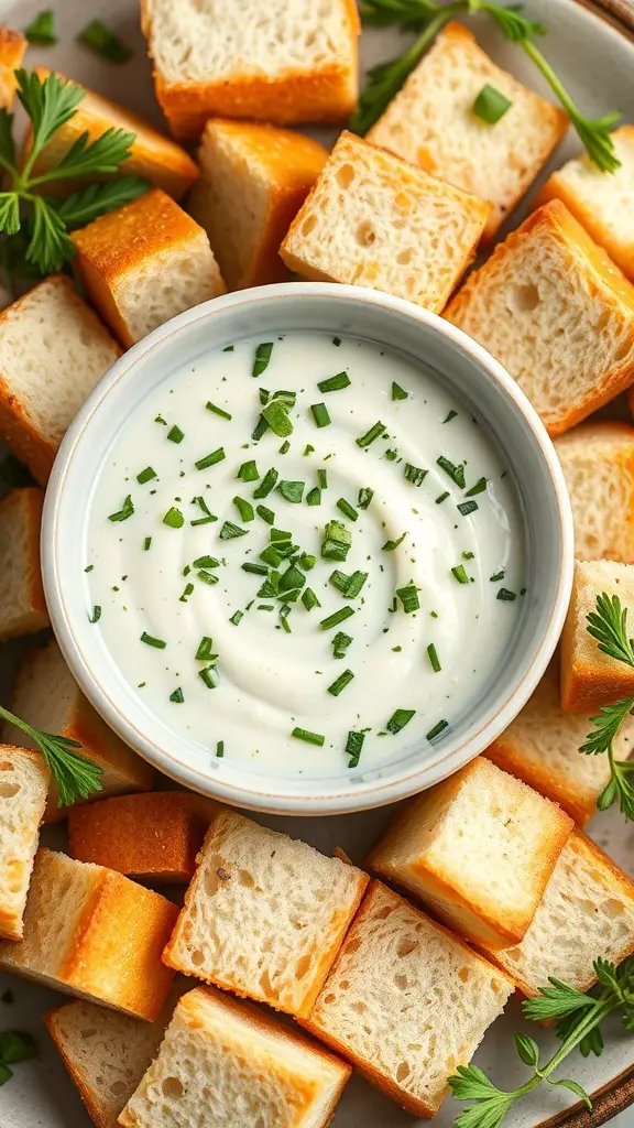 Creamy garlic herb dip in a bowl surrounded by bread cubes
