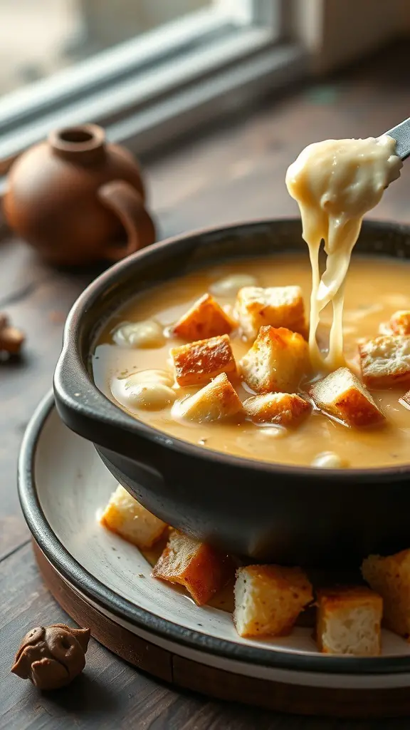 A bowl of classic French onion fondue broth with bread cubes for dipping