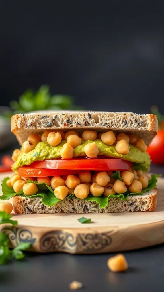 Chickpea salad sandwich with avocado, tomatoes, and lettuce on whole grain bread