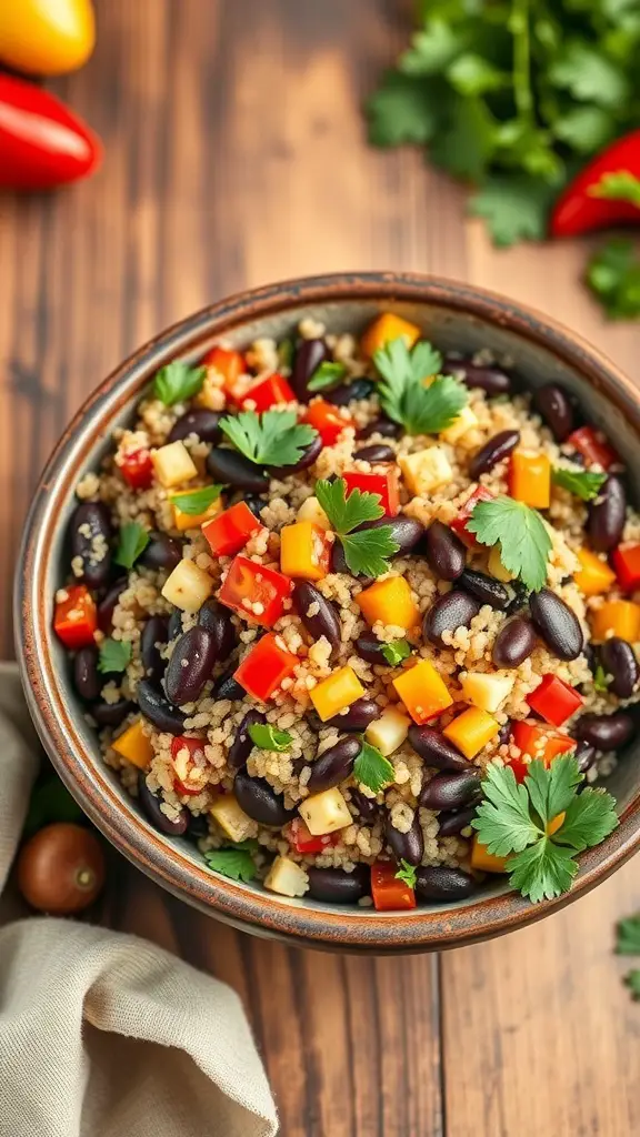 A bowl of quinoa and black bean salad with colorful bell peppers and cilantro on a wooden table.