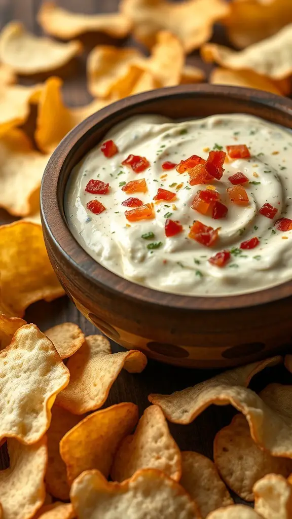 A bowl of Bacon and Cheddar Ranch Dip topped with bacon bits, surrounded by crispy chips.