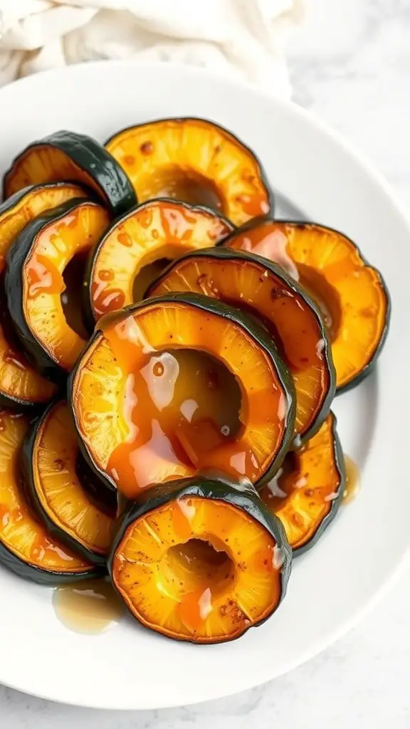 Maple glazed delicata squash slices on a white plate