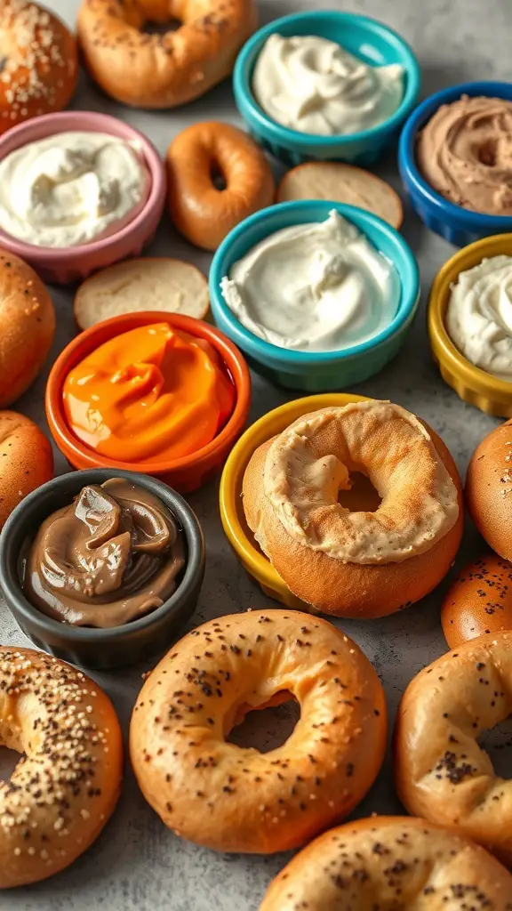 A variety of bagels and cream cheese flavors displayed on a table.