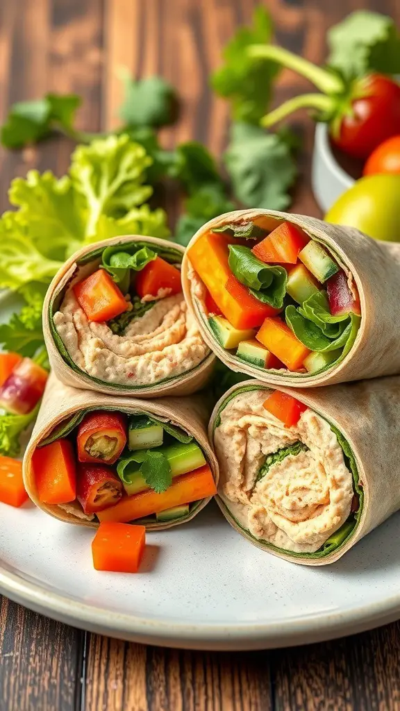 Colorful rainbow veggie wraps with fresh vegetables and hummus