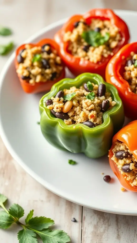 Stuffed bell peppers filled with quinoa and black beans on a white plate