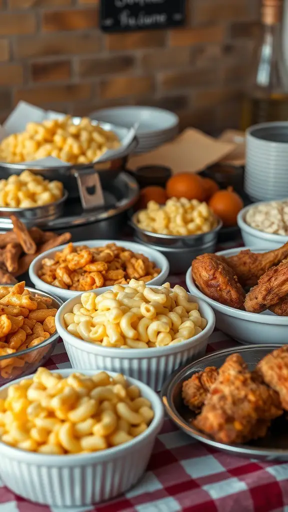 A variety of classic comfort foods including macaroni and cheese, fried chicken, and snacks on a table.