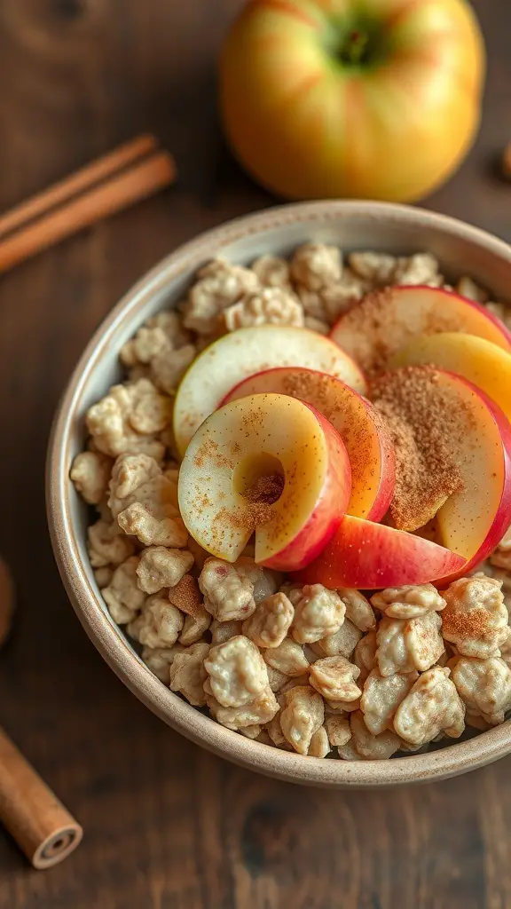 A bowl of apple cinnamon oatmeal topped with apple slices and cinnamon, with a green apple and cinnamon sticks in the background.