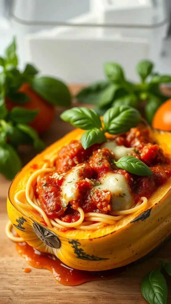 Baked spaghetti squash filled with marinara sauce and topped with cheese, garnished with fresh basil.