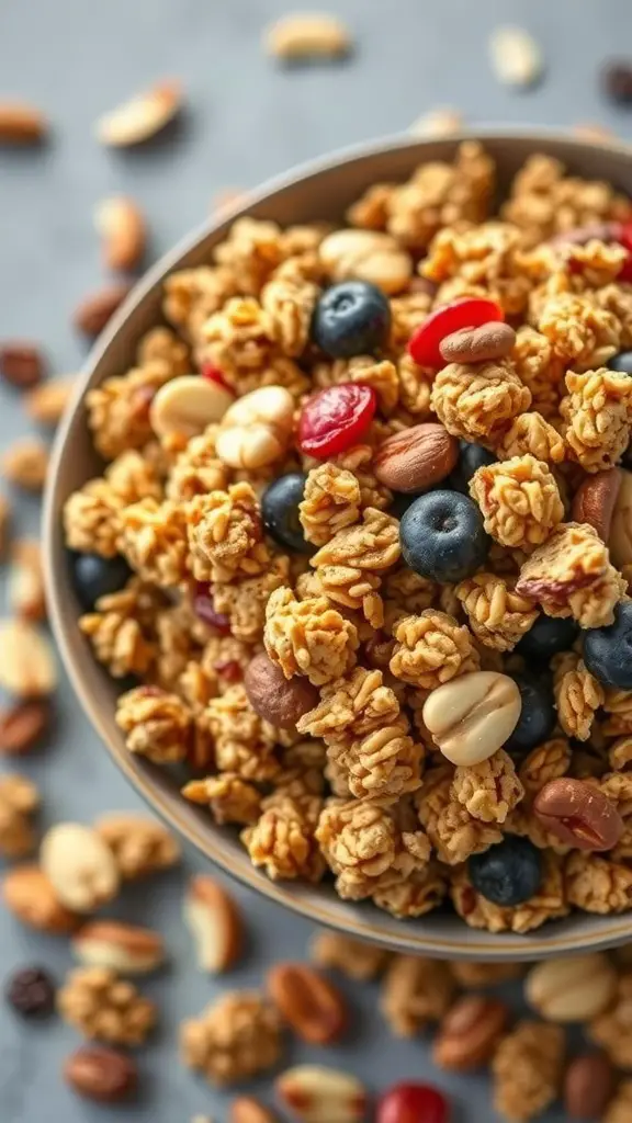 A bowl of homemade granola clusters with nuts and berries