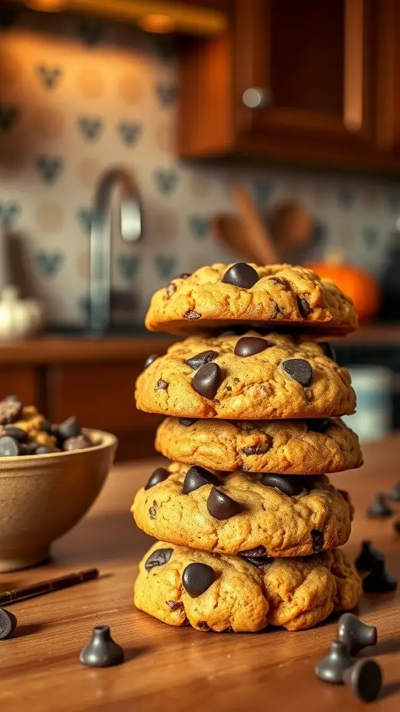 A stack of chocolate chip pumpkin cookies with a bowl of chocolate chips in the background.