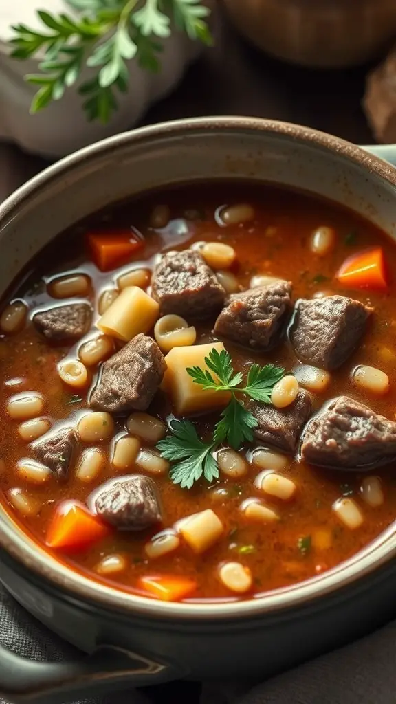 A bowl of hearty beef and barley soup with chunks of beef, barley, and vegetables.