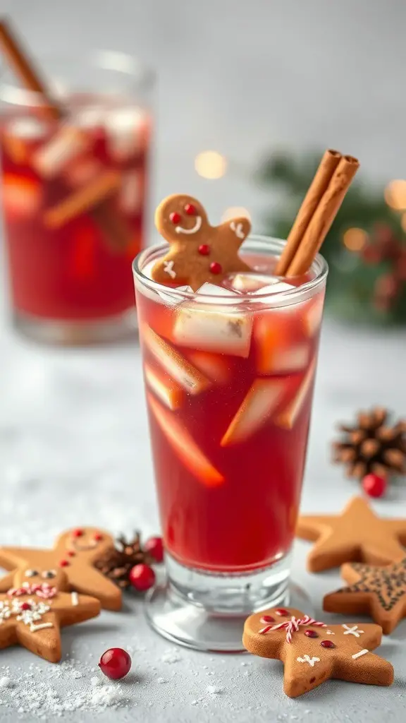 A glass of Gingerbread Sangria with ice, garnished with a gingerbread cookie and cinnamon stick, surrounded by gingerbread cookies.