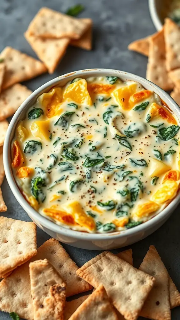 A creamy spinach and artichoke cheese dip served in a bowl with crackers around it.