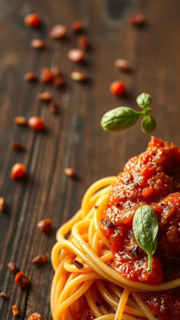 A plate of spaghetti arrabbiata topped with tomato sauce and fresh basil.