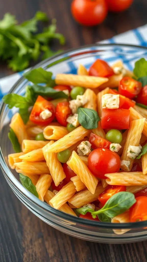 A bowl of pasta salad with cherry tomatoes, green peas, and spinach, drizzled with Italian dressing.