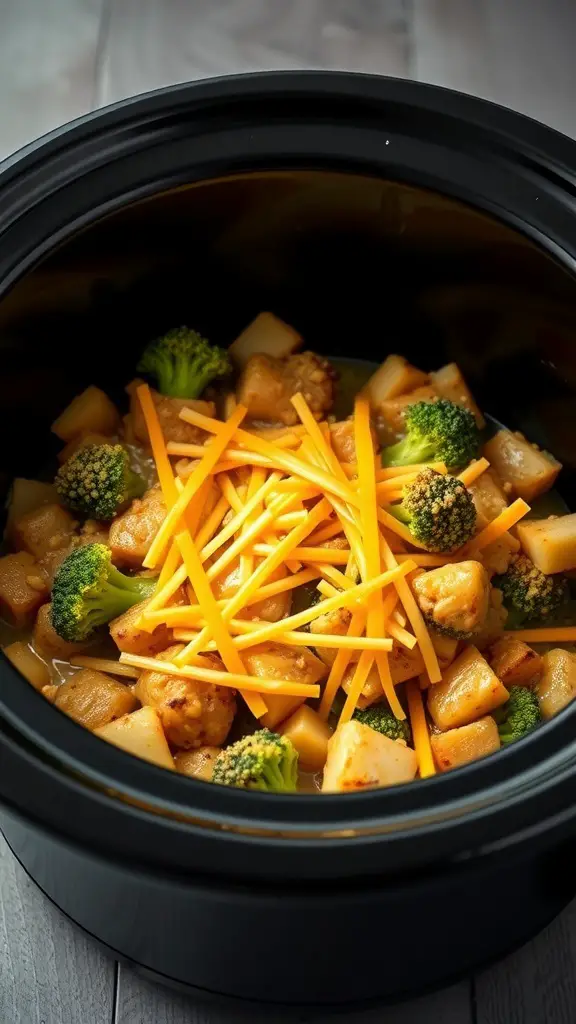 Crock pot filled with cheesy potato and broccoli bake, featuring potatoes, broccoli, and shredded cheese