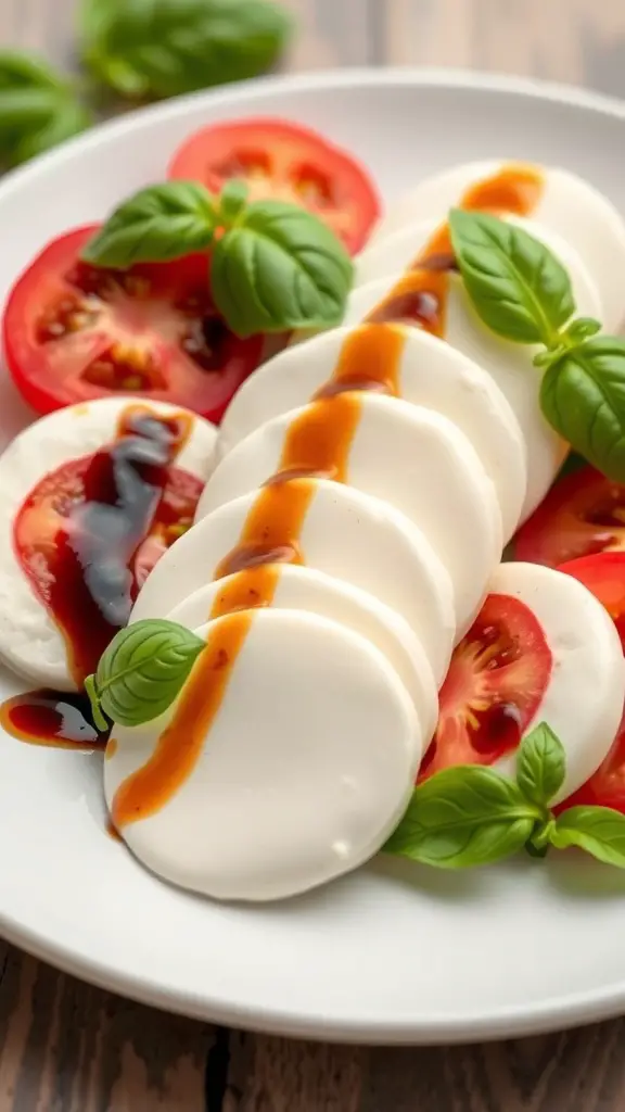 A plate of Caprese salad featuring sliced mozzarella, tomatoes, and basil, topped with balsamic reduction.