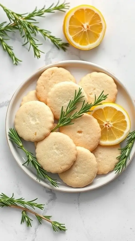 Plate of Lemon Rosemary Shortbread cookies with fresh rosemary and lemon slices