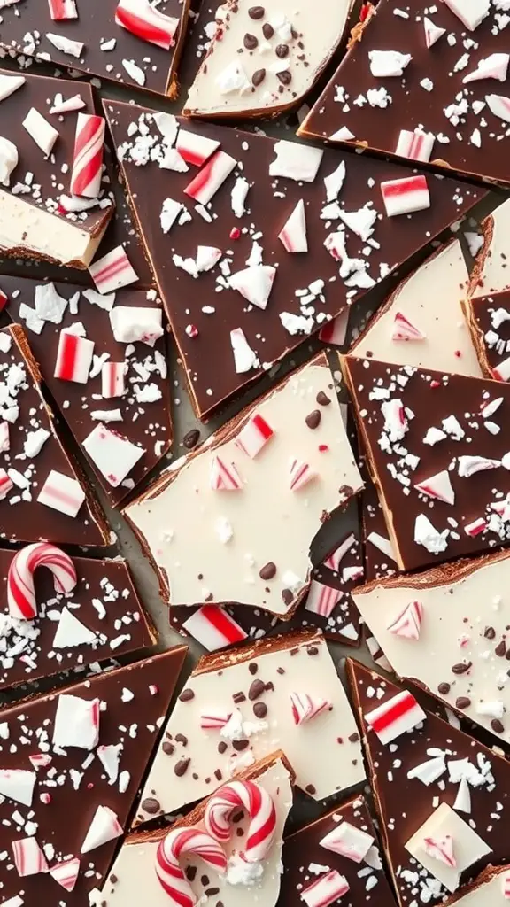 An assortment of peppermint bark pieces made with dark and white chocolate, topped with crushed peppermint candies.