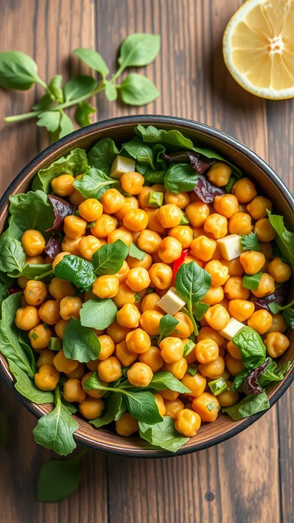 A bowl of crispy chickpea salad with greens and lemon on a wooden table.