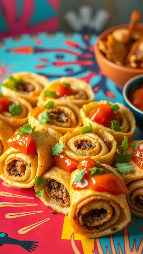 A colorful plate of Zesty Taco Pinwheels topped with ketchup and cilantro.