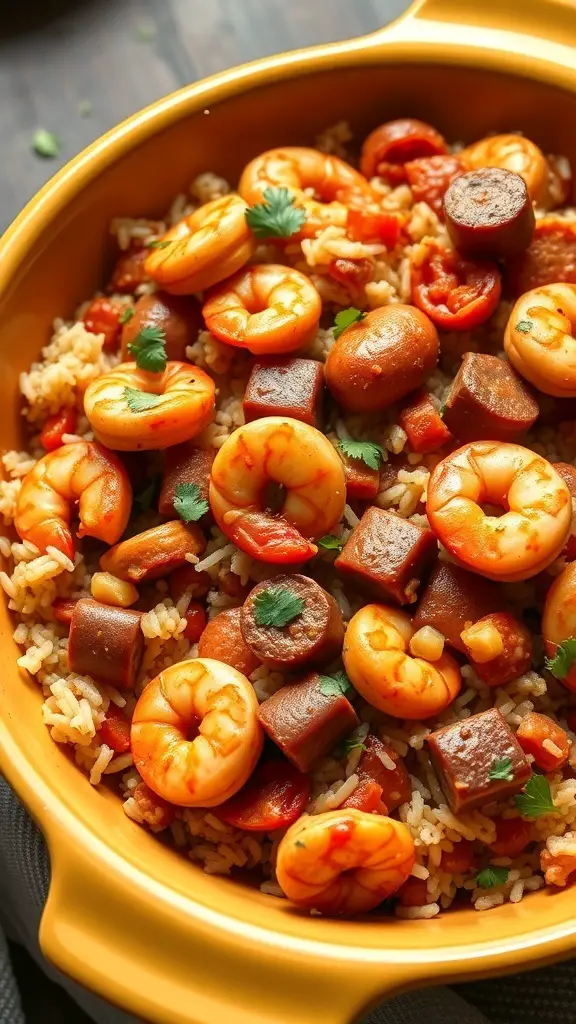 A close-up of a jambalaya casserole with shrimp, sausage, and rice in a yellow dish.