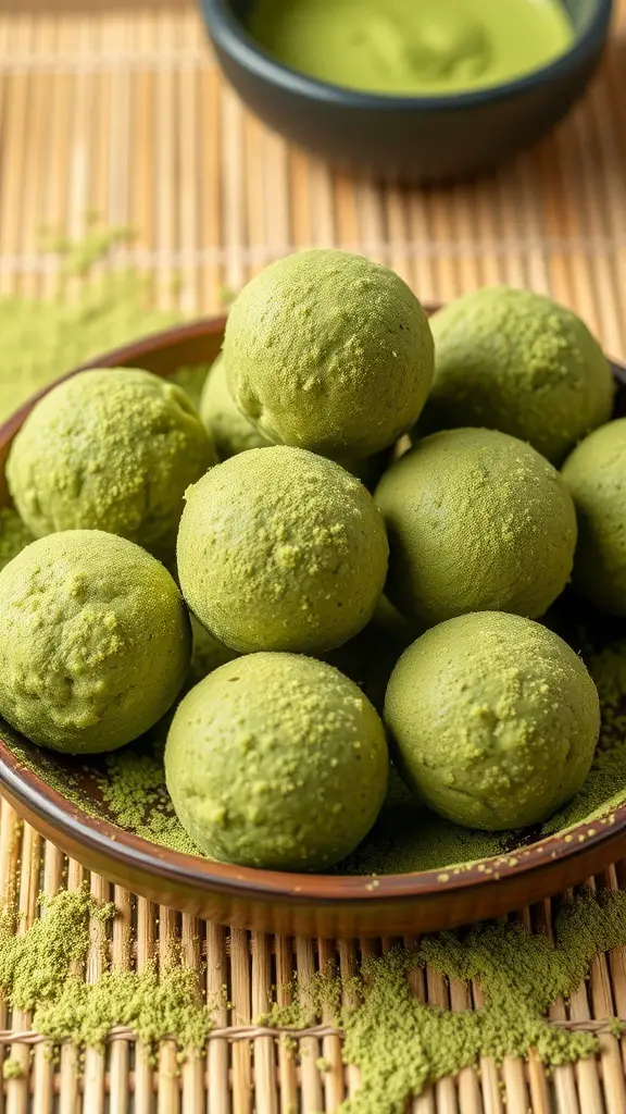A plate of green matcha protein balls sprinkled with matcha powder.