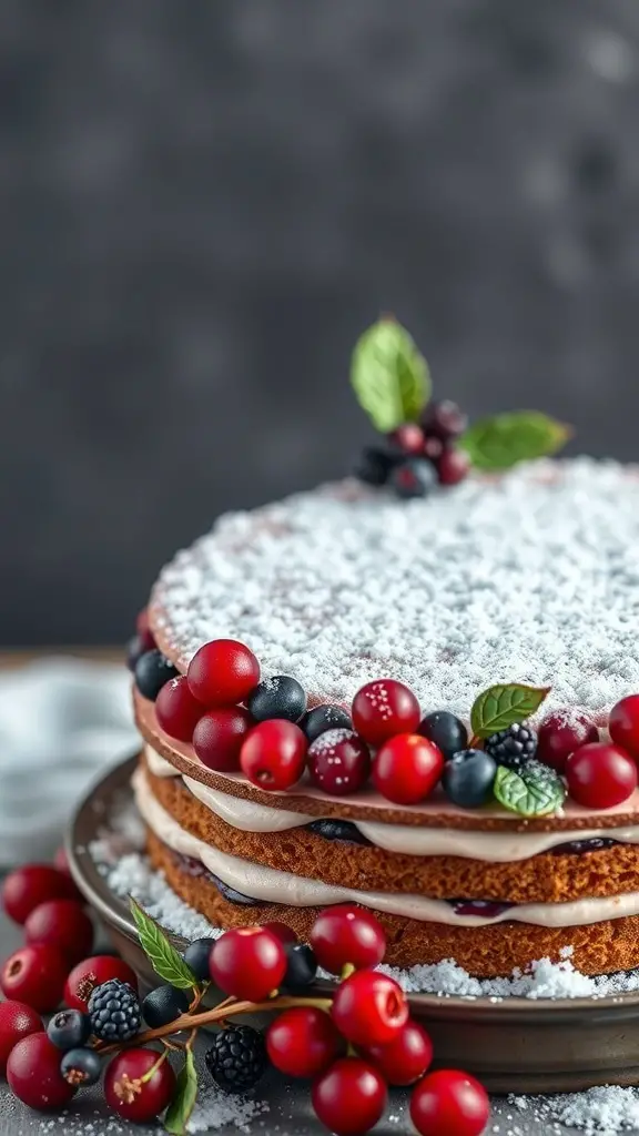 A beautifully decorated winter cake topped with fresh berries and mint leaves.