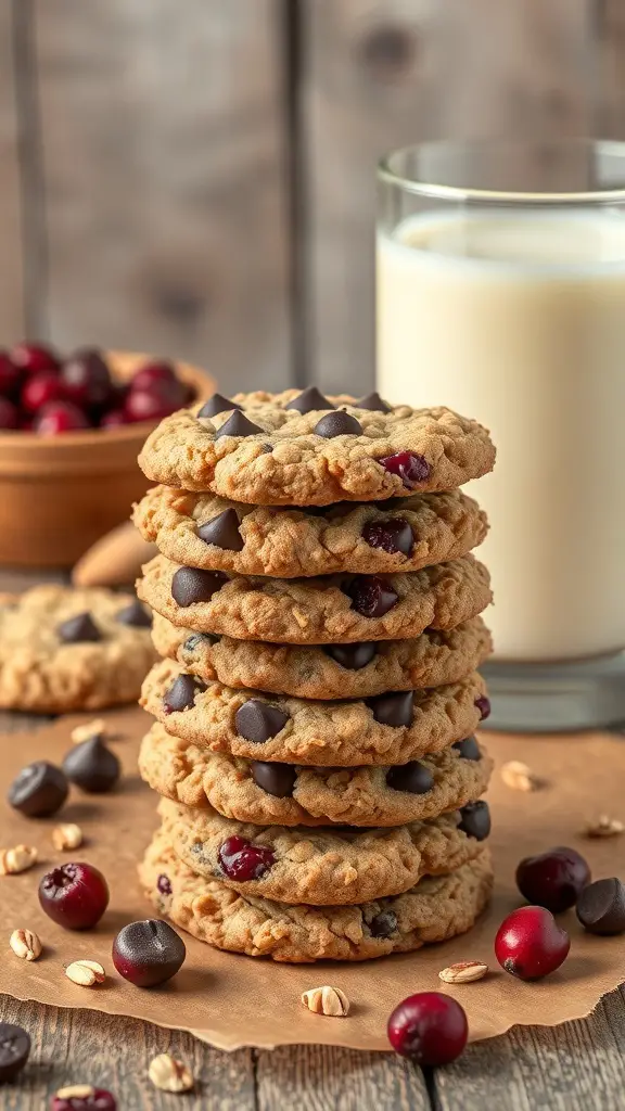 A stack of chocolate chip cranberry oatmeal cookies with a glass of milk and fresh cranberries.